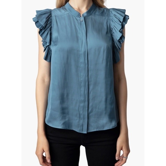 Zadig & Voltaire Tops - Zadig & Voltaire Tiza Satin Ruffle Top In Bluestone Woman's Size Medium $348